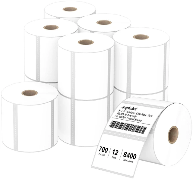 Main image of Compatible 3" x 2" Direct Thermal Labels Replacement for Barcodes Postage Address Shipping Compatible with Rollo & Zebra Desktop Printers Adhesive & Perforated (12 Rolls, 700 Labels/Roll)