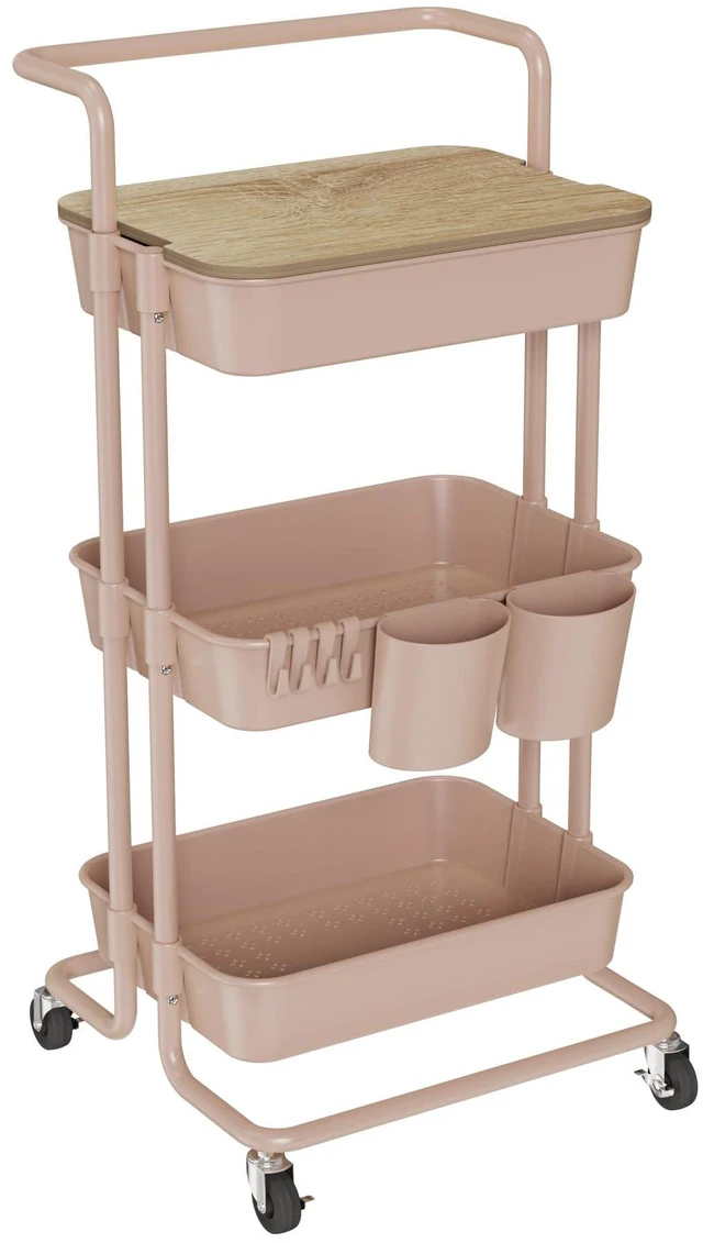Main image of 3 Tier Rolling Utility Cart with Cover Top Board, Movable Kitchen Storage Cart Trolley with Lockable Wheels, Cups, Hooks for Kitchen Bathroom Home Office Art Craft Storage and Organization(Pink)