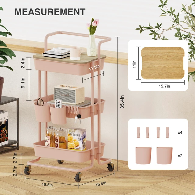 Alt view image 2 of 6 - 3 Tier Rolling Utility Cart with Cover Top Board, Movable Kitchen Storage Cart Trolley with Lockable Wheels, Cups, Hooks for Kitchen Bathroom Home Office Art Craft Storage and Organization(Pink)