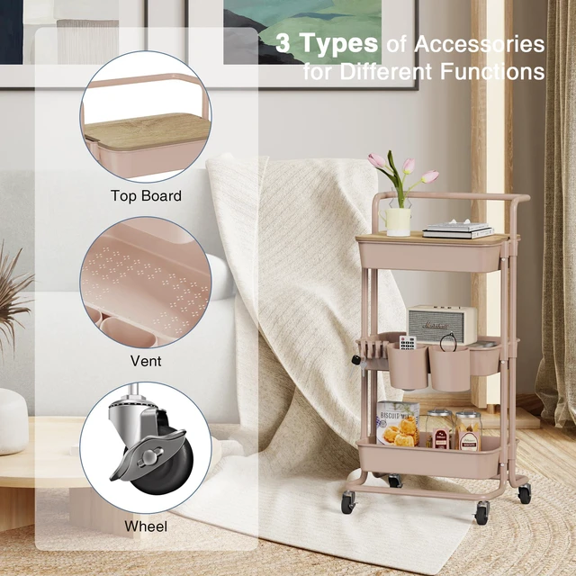Alt view image 3 of 6 - 3 Tier Rolling Utility Cart with Cover Top Board, Movable Kitchen Storage Cart Trolley with Lockable Wheels, Cups, Hooks for Kitchen Bathroom Home Office Art Craft Storage and Organization(Pink)