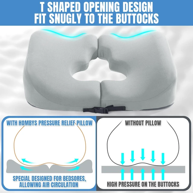 Alt view image 4 of 7 - Memory Foam Bed Sore Cushions for Butt, Bedsore Pressure Relief Pillow for Sleeping and Sitting, Cushion for Bed Sores on Buttocks, T Shaped Opening Tailbone Pillow, Patent Pending, Light Grey