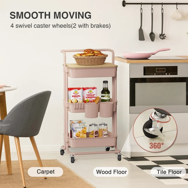 Alt view image 4 of 6 - 3 Tier Rolling Utility Cart with Cover Top Board, Movable Kitchen Storage Cart Trolley with Lockable Wheels, Cups, Hooks for Kitchen Bathroom Home Office Art Craft Storage and Organization(Pink)