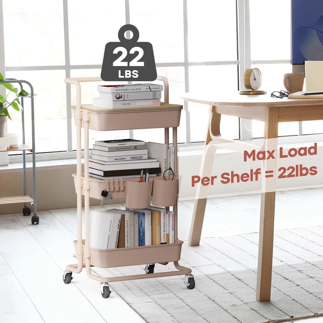 Alt view image 6 of 6 - 3 Tier Rolling Utility Cart with Cover Top Board, Movable Kitchen Storage Cart Trolley with Lockable Wheels, Cups, Hooks for Kitchen Bathroom Home Office Art Craft Storage and Organization(Pink)