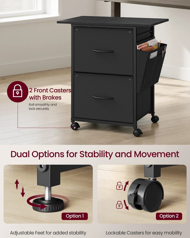 Alt view image 6 of 6 - 2-Drawer File Cabinet, Mobile Printer Stand with Storage Filing Cabinet for A4 Letter Size, Side Pockets, 23.6 x 15.7 x 26.8 Inch, Ink Black, BELLAH Collection UOFC202BC01