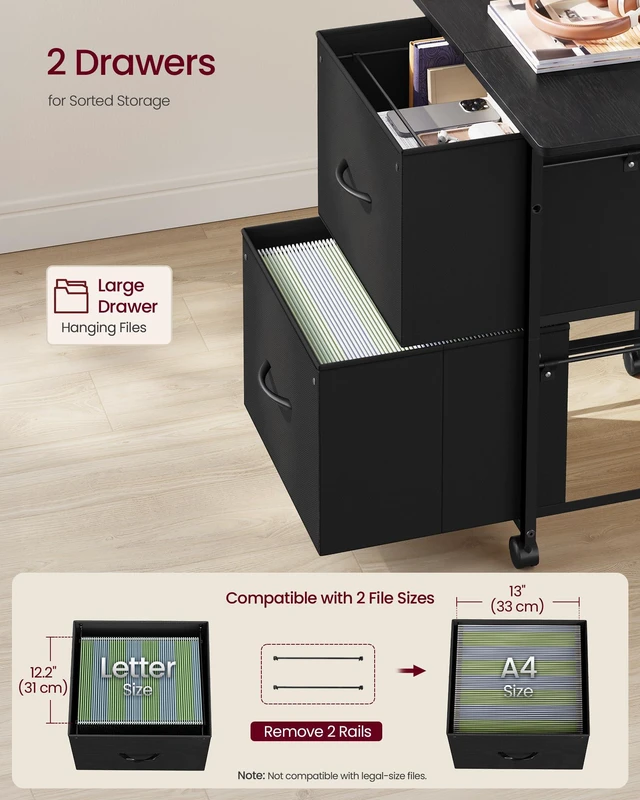 Alt view image 4 of 6 - 2-Drawer File Cabinet, Mobile Printer Stand with Storage Filing Cabinet for A4 Letter Size, Side Pockets, 23.6 x 15.7 x 26.8 Inch, Ink Black, BELLAH Collection UOFC202BC01