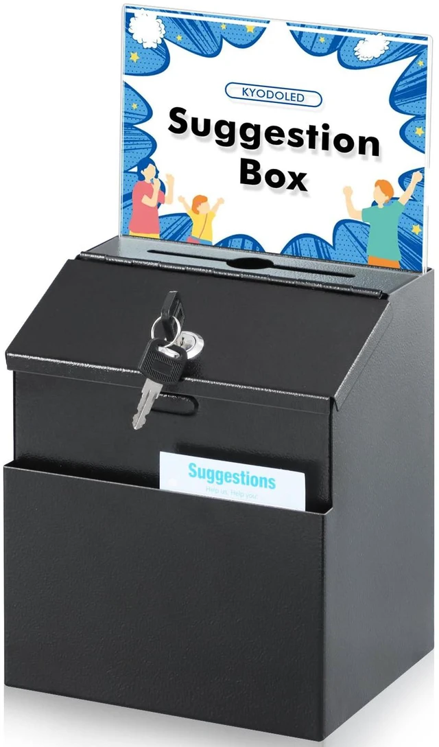 Main image of Suggestion Box with Slot and Lock, Acrylic Sign Holder, Black Employee Comments, 50 Suggestion Cards, Steel Construction, 2 Keys, Wall-Mount or Tabletop Use, 8.5H x 5.9W x 7.3L Inch