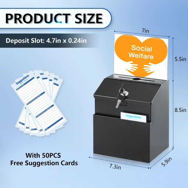 Alt view image 2 of 7 - Suggestion Box with Slot and Lock, Acrylic Sign Holder, Black Employee Comments, 50 Suggestion Cards, Steel Construction, 2 Keys, Wall-Mount or Tabletop Use, 8.5H x 5.9W x 7.3L Inch