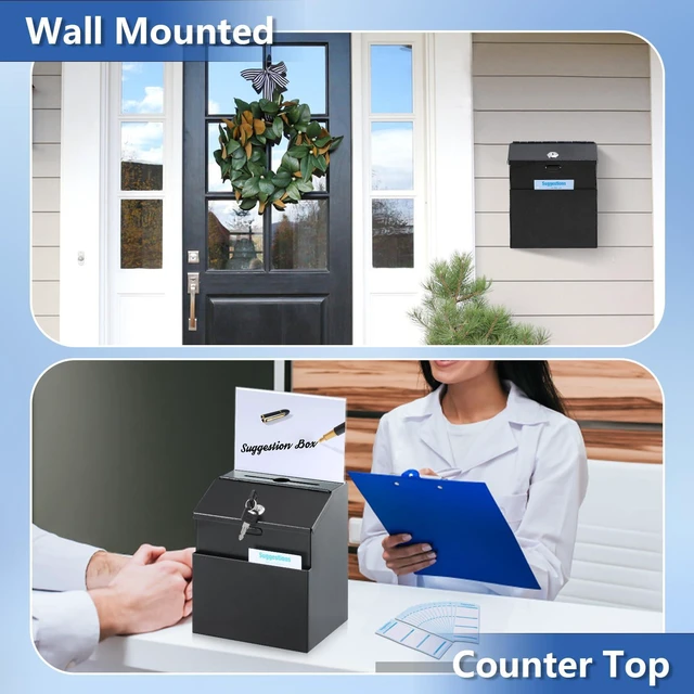 Alt view image 3 of 7 - Suggestion Box with Slot and Lock, Acrylic Sign Holder, Black Employee Comments, 50 Suggestion Cards, Steel Construction, 2 Keys, Wall-Mount or Tabletop Use, 8.5H x 5.9W x 7.3L Inch