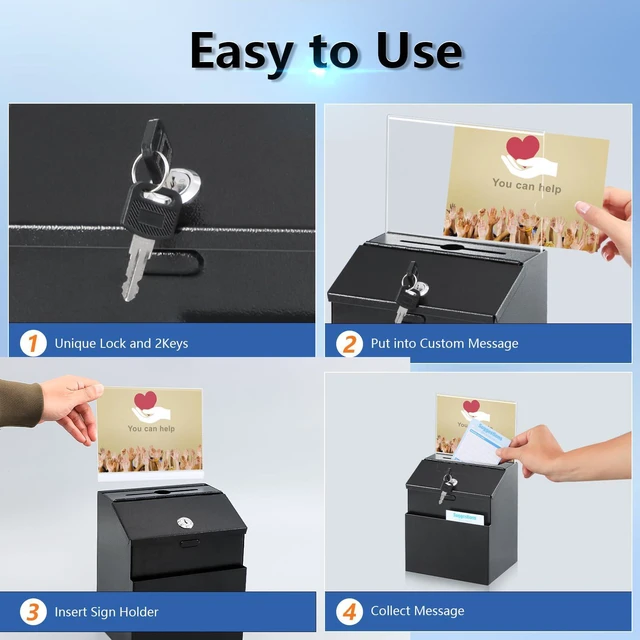 Alt view image 4 of 7 - Suggestion Box with Slot and Lock, Acrylic Sign Holder, Black Employee Comments, 50 Suggestion Cards, Steel Construction, 2 Keys, Wall-Mount or Tabletop Use, 8.5H x 5.9W x 7.3L Inch