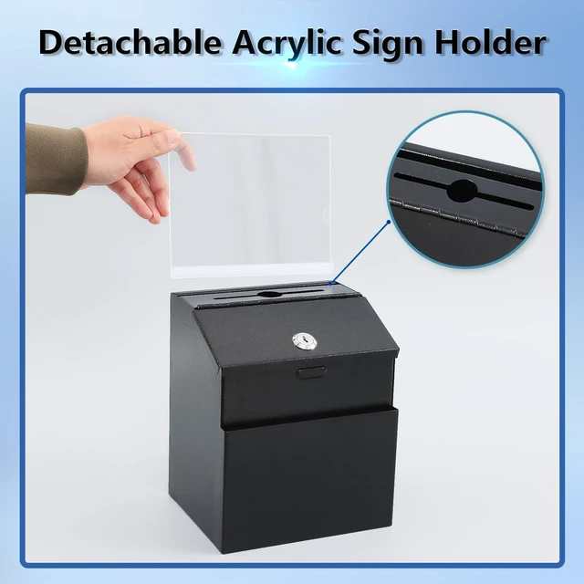 Alt view image 6 of 7 - Suggestion Box with Slot and Lock, Acrylic Sign Holder, Black Employee Comments, 50 Suggestion Cards, Steel Construction, 2 Keys, Wall-Mount or Tabletop Use, 8.5H x 5.9W x 7.3L Inch