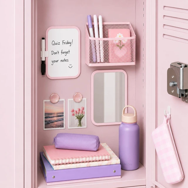 Alt view image 2 of 6 - Magnetic Locker Accessories for Girls with Magnetic whiteboard, Locker Mirror and Magnetic Pen Holder, Pink Locker Decoration for School Locker, Back to School Essentials