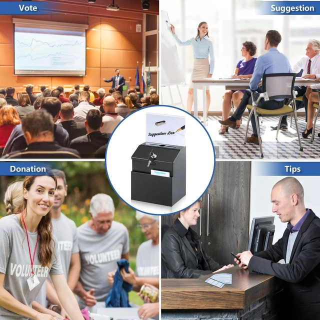 Alt view image 7 of 7 - Suggestion Box with Slot and Lock, Acrylic Sign Holder, Black Employee Comments, 50 Suggestion Cards, Steel Construction, 2 Keys, Wall-Mount or Tabletop Use, 8.5H x 5.9W x 7.3L Inch