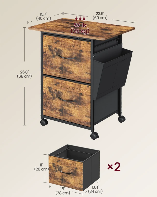 Alt view image 3 of 6 - 2-Drawer File Cabinet, Mobile Printer Stand with Storage Filing Cabinet for A4 Letter Size, Side Pockets, 23.6 x 15.7 x 26.8 Inch, Rustic Brown, BELLAH Collection UOFC202KD01