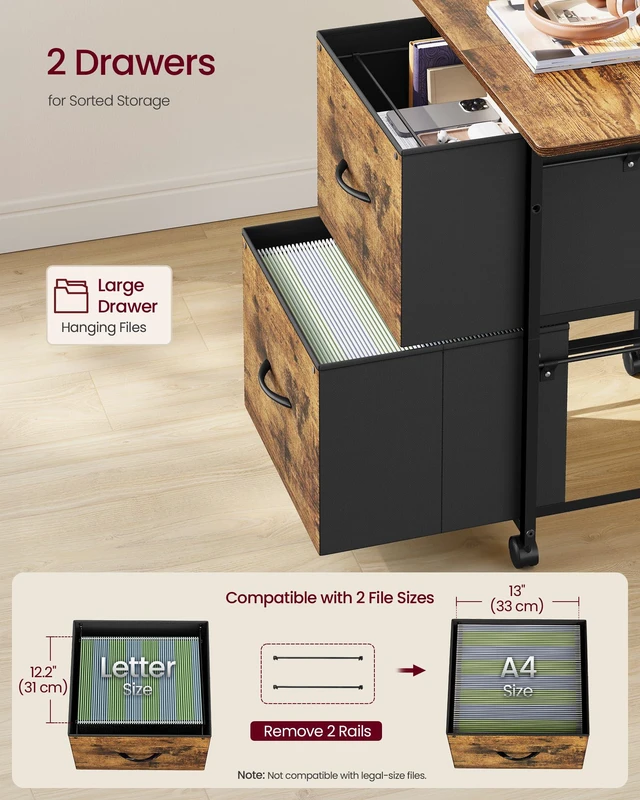 Alt view image 4 of 6 - 2-Drawer File Cabinet, Mobile Printer Stand with Storage Filing Cabinet for A4 Letter Size, Side Pockets, 23.6 x 15.7 x 26.8 Inch, Rustic Brown, BELLAH Collection UOFC202KD01