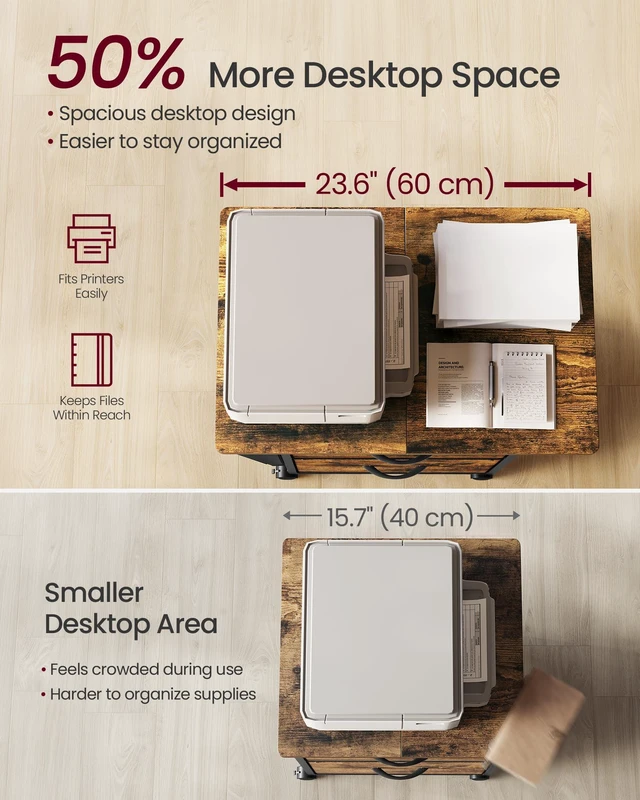 Alt view image 5 of 6 - 2-Drawer File Cabinet, Mobile Printer Stand with Storage Filing Cabinet for A4 Letter Size, Side Pockets, 23.6 x 15.7 x 26.8 Inch, Rustic Brown, BELLAH Collection UOFC202KD01