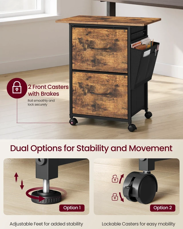 Alt view image 6 of 6 - 2-Drawer File Cabinet, Mobile Printer Stand with Storage Filing Cabinet for A4 Letter Size, Side Pockets, 23.6 x 15.7 x 26.8 Inch, Rustic Brown, BELLAH Collection UOFC202KD01