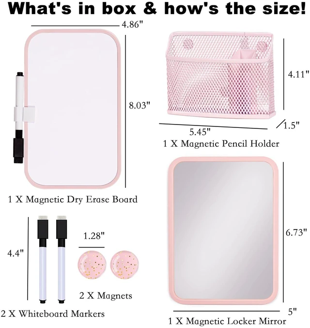 Alt view image 4 of 6 - Magnetic Locker Accessories for Girls with Magnetic whiteboard, Locker Mirror and Magnetic Pen Holder, Pink Locker Decoration for School Locker, Back to School Essentials