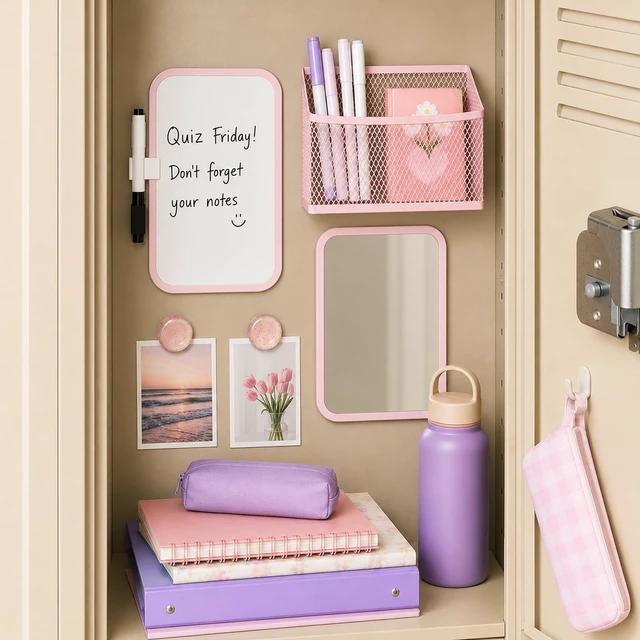 Alt view image 5 of 6 - Magnetic Locker Accessories for Girls with Magnetic whiteboard, Locker Mirror and Magnetic Pen Holder, Pink Locker Decoration for School Locker, Back to School Essentials
