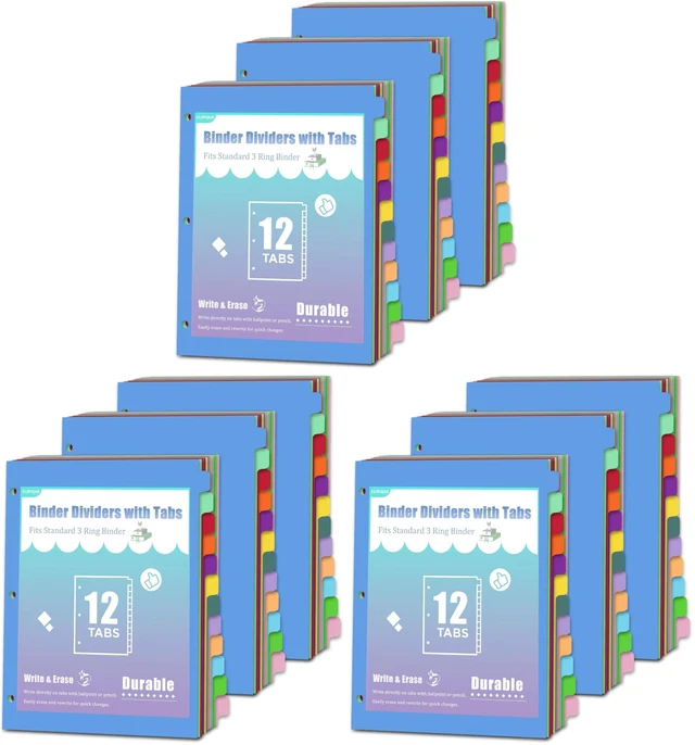 Main image of 12-Tab Binder dividers with tabs for 3 Ring Binder, Write & Erase, Dividers for 8.5 x 11'' Letter Size Papers, Assorted Color, 3 Set, Ideal for Student, Teacher (Pack of 3)