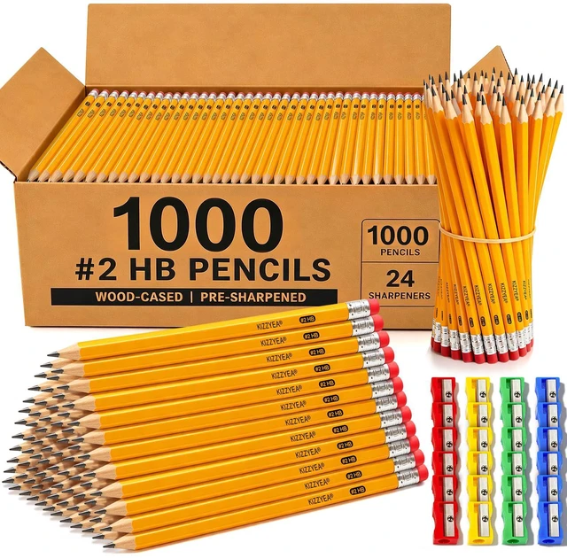 Main image of Wood-Cased #2 HB Pencils Bulk Pack 1000 Pencils Pre-Sharpened 24 Sharpeners Pencils Bulk, Classroom Use, Back to School Supplies, Writing Drawing Sketching, Yellow #2 HB Pencils with Erasers in Box
