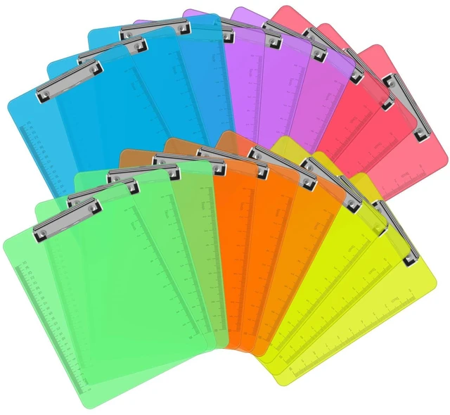 Main image of 18 Pack Plastic Clipboards, Low Profile Clip, Letter Size, 6 Colors Clear Colored Clipboards, 12.5 x 9 Inch, Fit 8.5x11 Letter Size Paper, Office, Classroom, Assorted 6 Colors, ECO Friendly