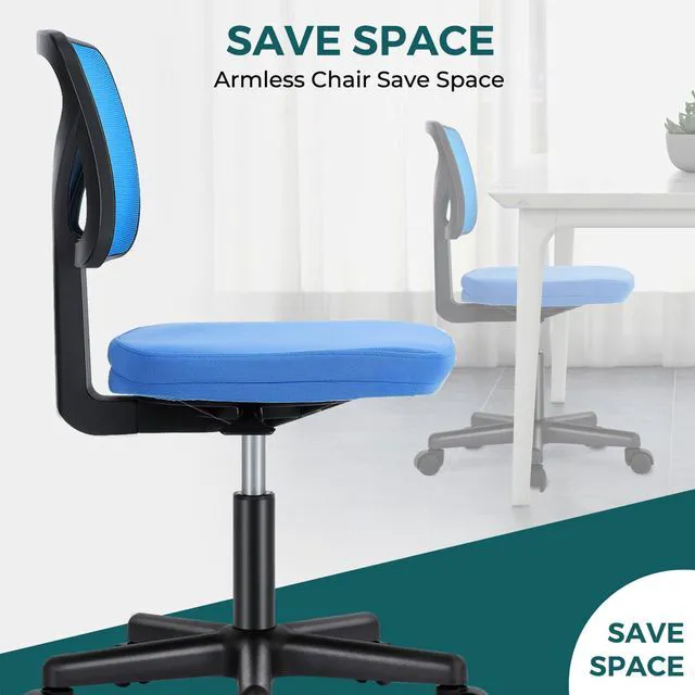 Alt view image 7 of 7 - Armless Desk Chairs, Small Home Office Mesh Chairs Ergonomic Adjustable Mid Back, Swivel Rolling Task, Computer Work Vanity Small Spaces, Blue
