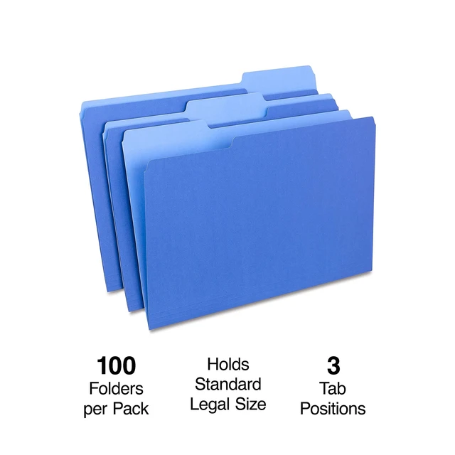 Alt view image 2 of 4 - File Folders, Legal Size, 1/3-Cut Tabs, Blue, 200/Carton Durable paper stock for everyday office document organization and filing