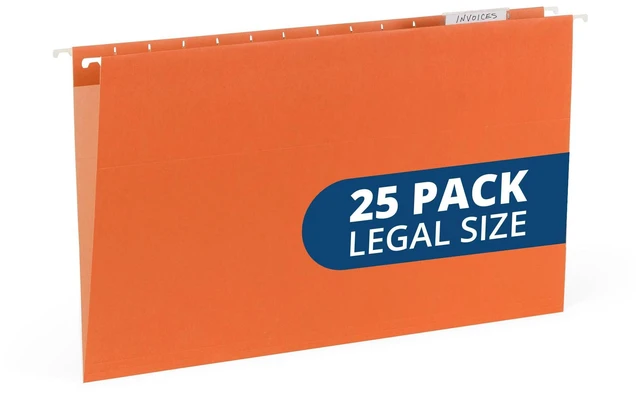 Main image of 25 Hanging File Folders, Legal Size, Orange Reinforced 11pt, 1/5 Cut Tabs, Plastic Tabs and Inserts Included, for Filing Cabinet, Home, and Office Use