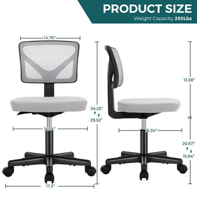 Alt view image 2 of 7 - Armless Desk Chairs, Small Home Office Mesh Chairs Ergonomic Adjustable Mid Back, Swivel Rolling Task, Computer Work Vanity Small Spaces, New Grey