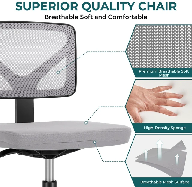 Alt view image 4 of 7 - Armless Desk Chairs, Small Home Office Mesh Chairs Ergonomic Adjustable Mid Back, Swivel Rolling Task, Computer Work Vanity Small Spaces, New Grey