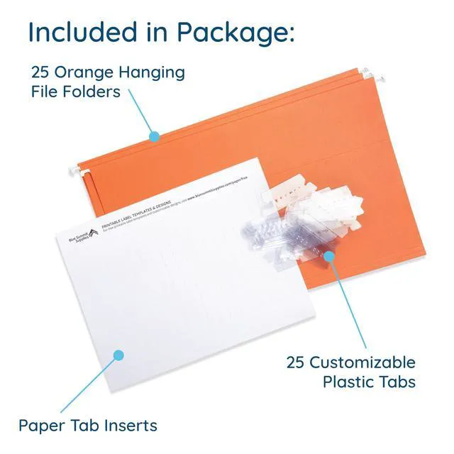Alt view image 3 of 7 - 25 Hanging File Folders, Legal Size, Orange Reinforced 11pt, 1/5 Cut Tabs, Plastic Tabs and Inserts Included, for Filing Cabinet, Home, and Office Use