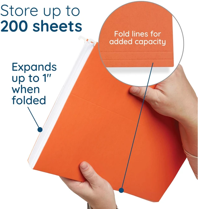 Alt view image 4 of 7 - 25 Hanging File Folders, Legal Size, Orange Reinforced 11pt, 1/5 Cut Tabs, Plastic Tabs and Inserts Included, for Filing Cabinet, Home, and Office Use