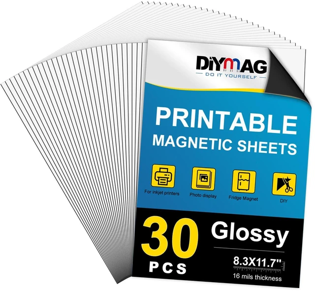 Main image of Printable Magnetic Sheets, Glossy 30P 8.3"x11.7" for Inkjet Printer Flexible Magnetic Paper, Non-Adhesive for DIY Crafts, Photo Wall, Cars, Refrigerator, Classroom and Office Decor