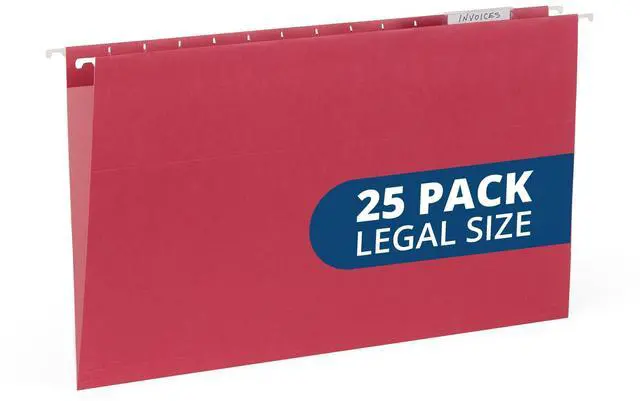 Main image of 25 Hanging File Folders, Legal Size, Red Reinforced 11pt, 1/5 Cut Tabs, Plastic Tabs and Inserts Included, for Filing Cabinet, Home, and Office Use