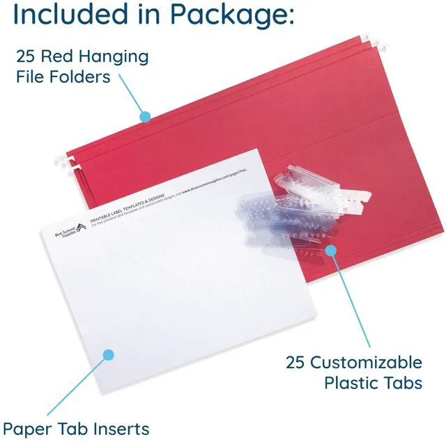 Alt view image 3 of 7 - 25 Hanging File Folders, Legal Size, Red Reinforced 11pt, 1/5 Cut Tabs, Plastic Tabs and Inserts Included, for Filing Cabinet, Home, and Office Use