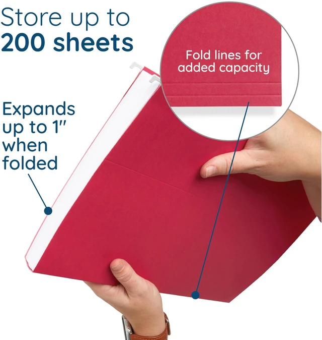 Alt view image 4 of 7 - 25 Hanging File Folders, Legal Size, Red Reinforced 11pt, 1/5 Cut Tabs, Plastic Tabs and Inserts Included, for Filing Cabinet, Home, and Office Use