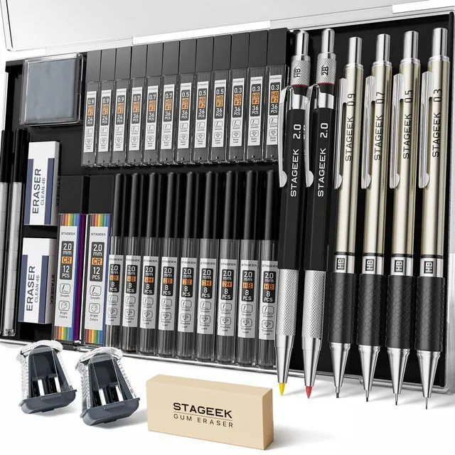 Main image of 37PCS Mechanical Pencil Set with Case, 0.3, 0.5, 0.7, 0.9 2PCS 2mm Drawing Pencils with 492PCS Lead Refills (6B 4B 2B HB 2H 4H Color), Erasers, Sharpeners, Artist Pencil for Sketching Drafting