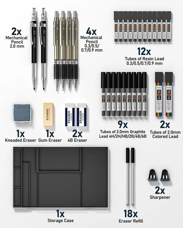 Alt view image 7 of 7 - 37PCS Mechanical Pencil Set with Case, 0.3, 0.5, 0.7, 0.9 2PCS 2mm Drawing Pencils with 492PCS Lead Refills (6B 4B 2B HB 2H 4H Color), Erasers, Sharpeners, Artist Pencil for Sketching Drafting