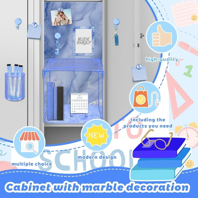 Alt view image 3 of 7 - Blue Locker Accessories Kit Locker Organizer Magnetic Mirror Whiteboard Pen Holder Small Carpet for Storage Organizing Shelf Back to School Party Supply