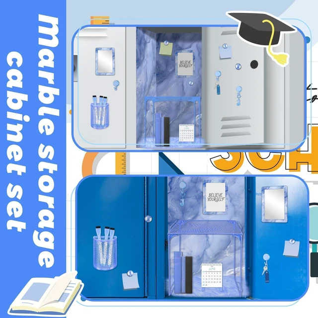 Alt view image 4 of 7 - Blue Locker Accessories Kit Locker Organizer Magnetic Mirror Whiteboard Pen Holder Small Carpet for Storage Organizing Shelf Back to School Party Supply