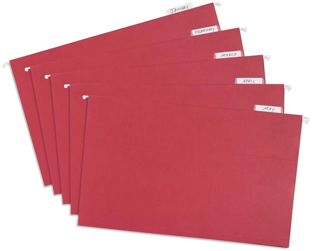Alt view image 5 of 7 - 25 Hanging File Folders, Legal Size, Red Reinforced 11pt, 1/5 Cut Tabs, Plastic Tabs and Inserts Included, for Filing Cabinet, Home, and Office Use