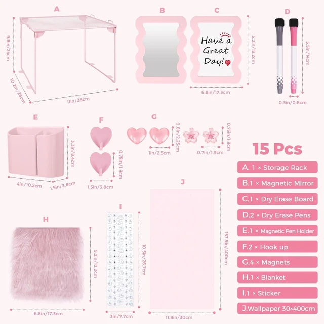 Alt view image 2 of 7 - Locker Accessories Kit for Girls - Includes Locker Shelf, Rug, Wallpaper, Magnetic Mirror, Whiteboard, Pen Holder, Magnets, Stickers, Hooks, Pink Locker Decor & Organizer Set, 15 Piece