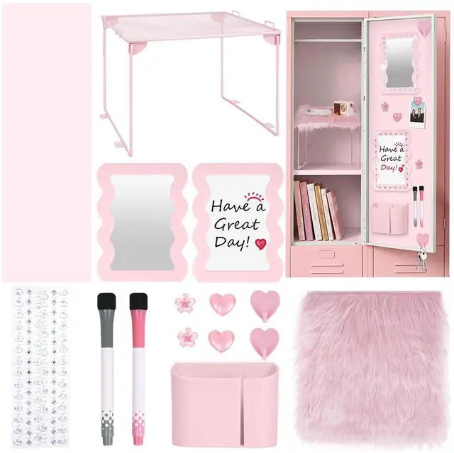 Main image of Locker Accessories Kit for Girls - Includes Locker Shelf, Rug, Wallpaper, Magnetic Mirror, Whiteboard, Pen Holder, Magnets, Stickers, Hooks, Pink Locker Decor & Organizer Set, 15 Piece