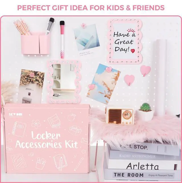 Alt view image 5 of 7 - Locker Accessories Kit for Girls - Includes Locker Shelf, Rug, Wallpaper, Magnetic Mirror, Whiteboard, Pen Holder, Magnets, Stickers, Hooks, Pink Locker Decor & Organizer Set, 15 Piece