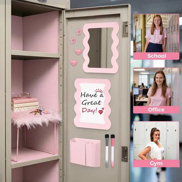 Alt view image 6 of 7 - Locker Accessories Kit for Girls - Includes Locker Shelf, Rug, Wallpaper, Magnetic Mirror, Whiteboard, Pen Holder, Magnets, Stickers, Hooks, Pink Locker Decor & Organizer Set, 15 Piece