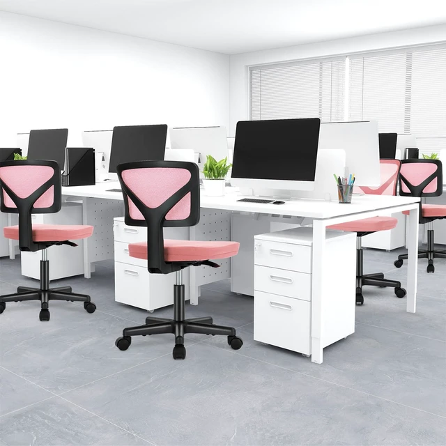 Alt view image 2 of 7 - Armless Desk Chairs, Small Home Office Mesh Chairs Ergonomic Adjustable Mid Back, Swivel Rolling Task, Computer Work Vanity Small Spaces, Pink
