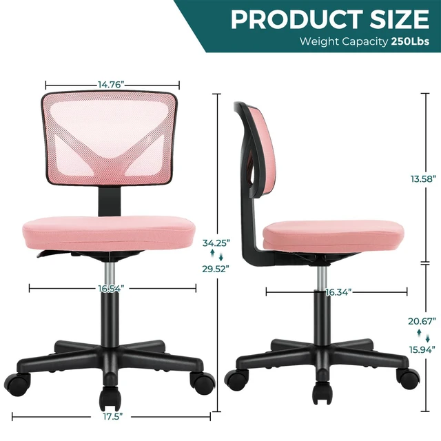 Alt view image 3 of 7 - Armless Desk Chairs, Small Home Office Mesh Chairs Ergonomic Adjustable Mid Back, Swivel Rolling Task, Computer Work Vanity Small Spaces, Pink