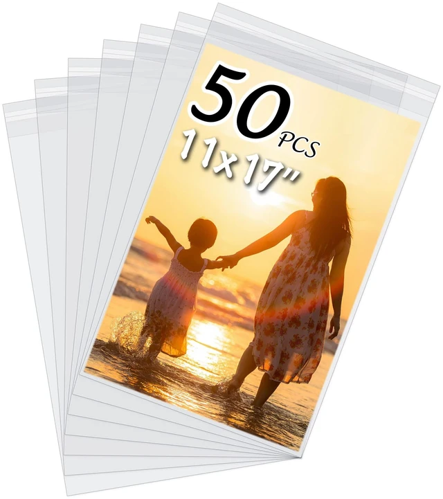 Main image of 50 Pack Acid-Free Crystal Clear Sleeves Storage Bags for 11x17 Art Prints Pictures,Photos,Framing Mat Mattes (Bag Size: 11 3/7"x17 1/2")