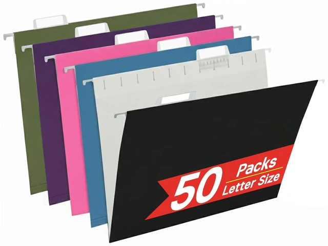 Main image of 50 Packs Hanging File Folders,Assorted Color Letter Size File Folders with 1/5 Adjustable Cut Tabs for Office/Home/School,Decorative,Drawer,Desk and Cabinet Use(Black,Blue,Pink,Purple,Standard Green)