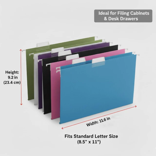 Alt view image 2 of 7 - 50 Packs Hanging File Folders,Assorted Color Letter Size File Folders with 1/5 Adjustable Cut Tabs for Office/Home/School,Decorative,Drawer,Desk and Cabinet Use(Black,Blue,Pink,Purple,Standard Green)